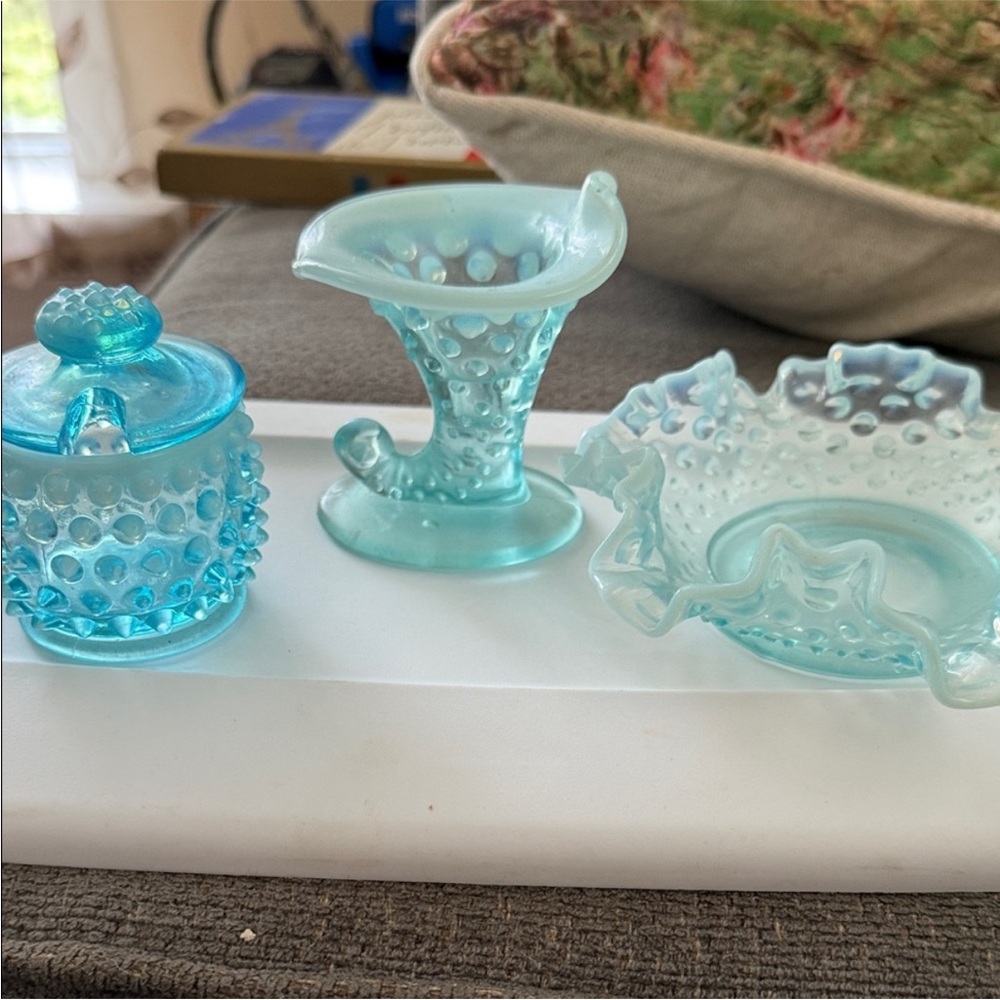 Vintage Blue Glass‎ Hobnail Set Fenton